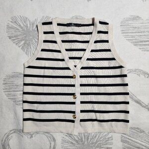 Lillusory‎ Cream and Black Women's Striped Sweater Vest with Buttons Sz S
